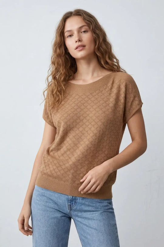 Camel Knit Short Sleeve Sweater with Textured Pattern - CAMEL / ONE - Sweaters