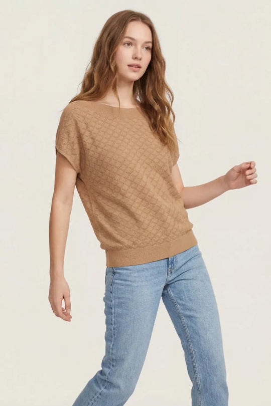 Camel Knit Short Sleeve Sweater with Textured Pattern - CAMEL / ONE - Sweaters