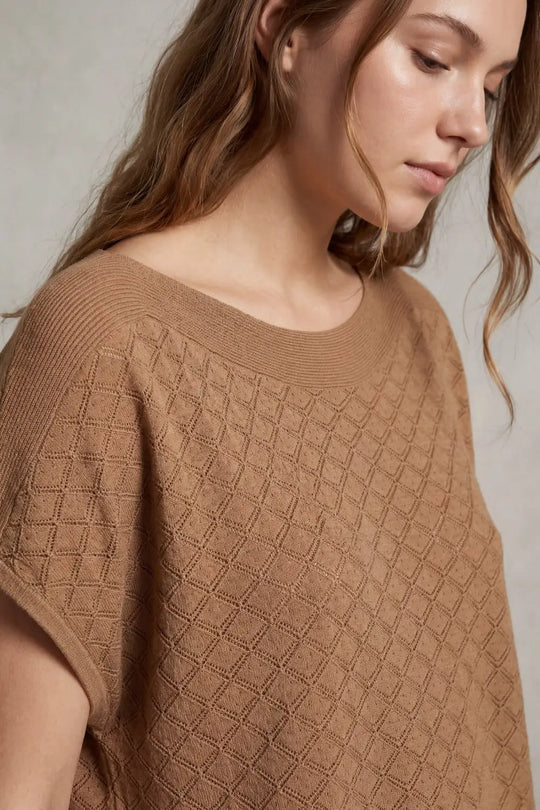 Camel Knit Short Sleeve Sweater with Textured Pattern - CAMEL / ONE - Sweaters
