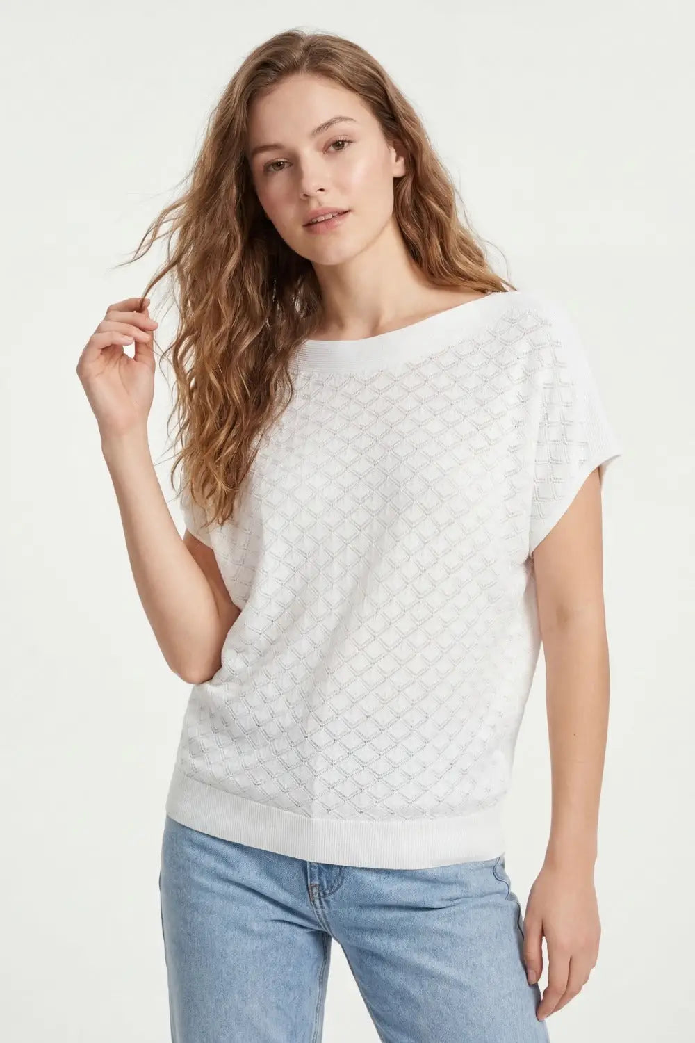 White Textured Knit Sweater with Diamond Pattern - WHITE / ONE - Sweaters