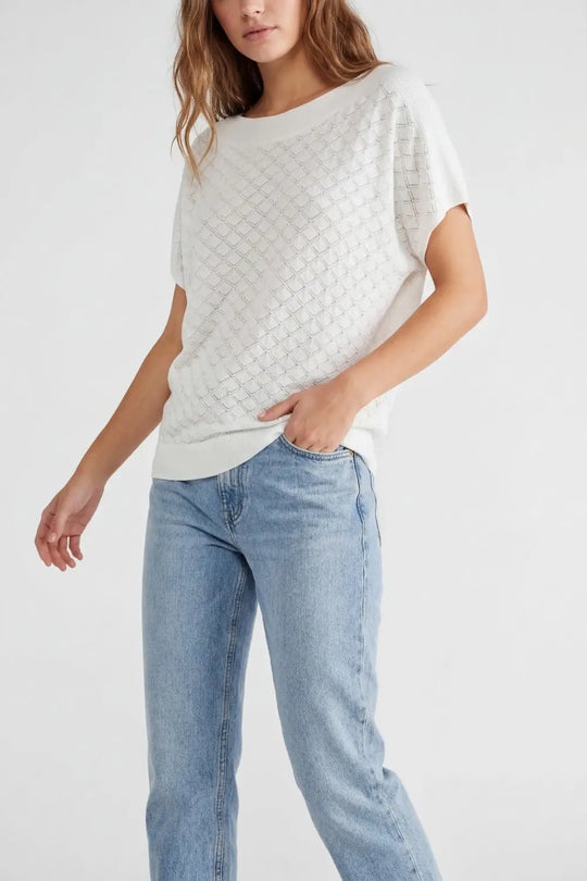 White Textured Knit Sweater with Diamond Pattern - WHITE / ONE - Sweaters