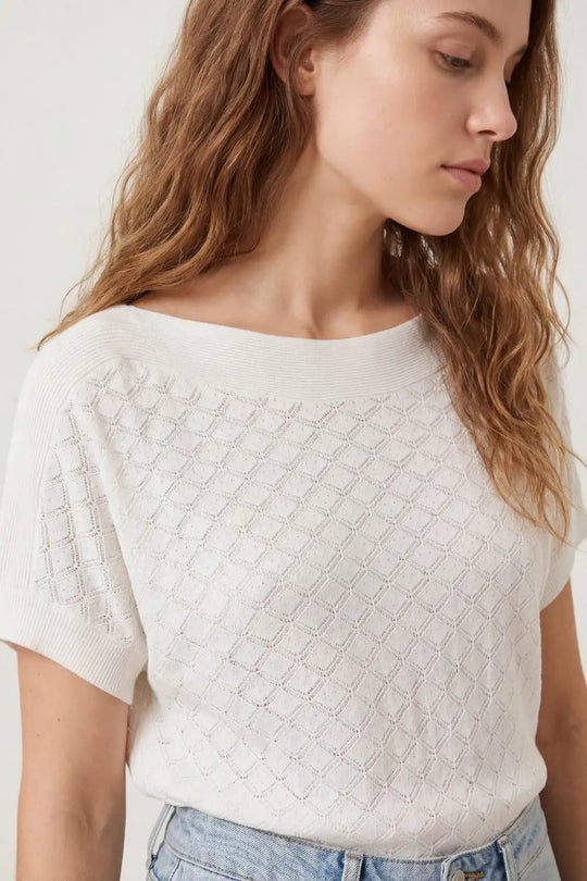 White Textured Knit Sweater with Diamond Pattern - WHITE / ONE - Sweaters