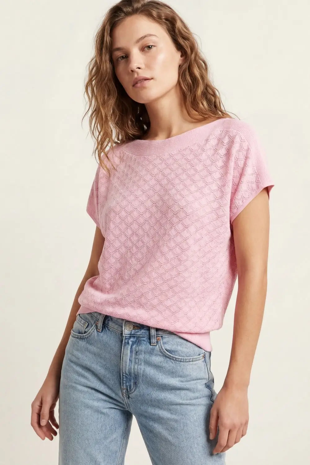 Pattern Textured Knit Short Sleeve Sweater in pink - PINK / ONE - Sweaters