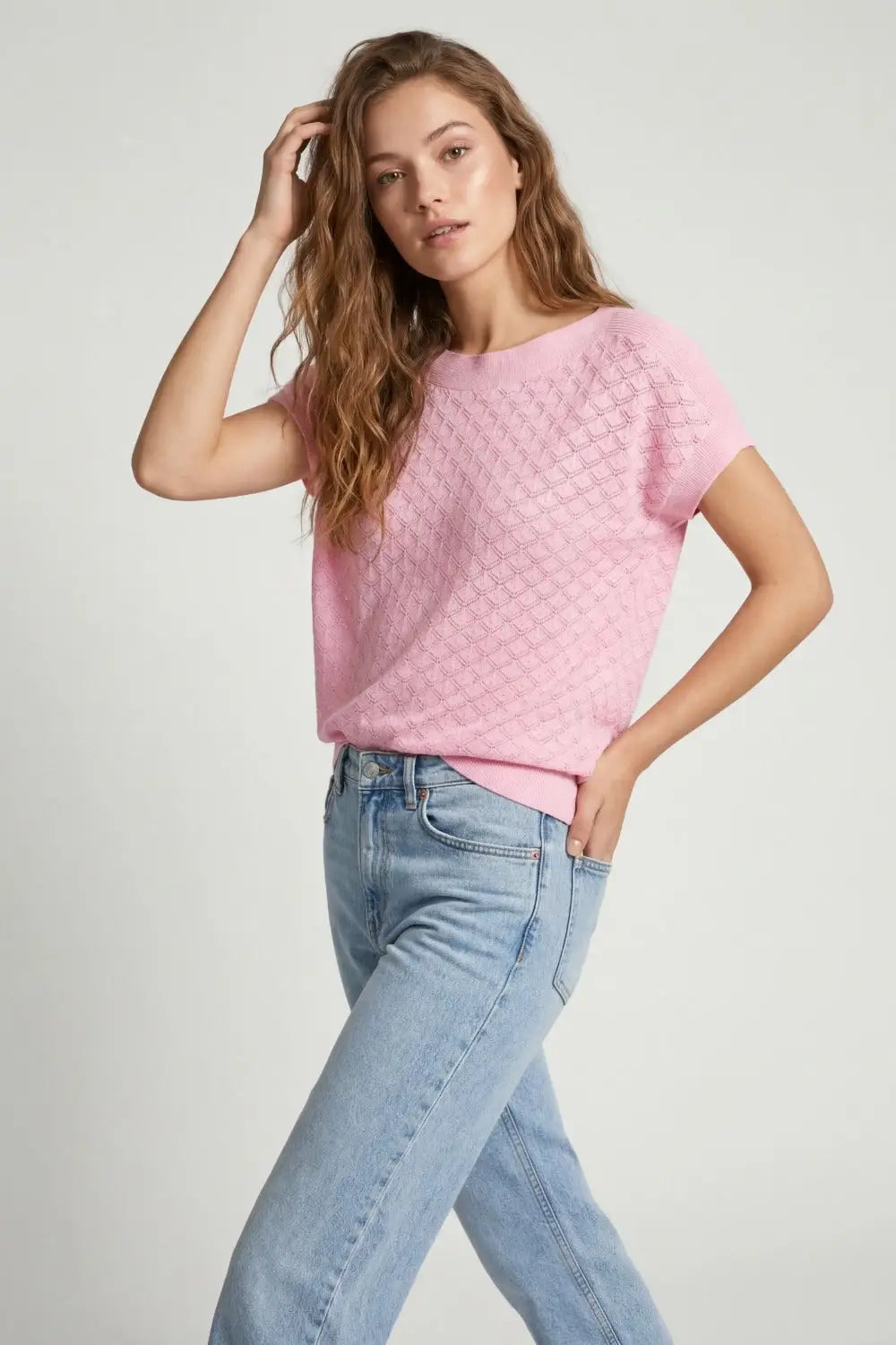 Pattern Textured Knit Short Sleeve Sweater in pink - PINK / ONE - Sweaters