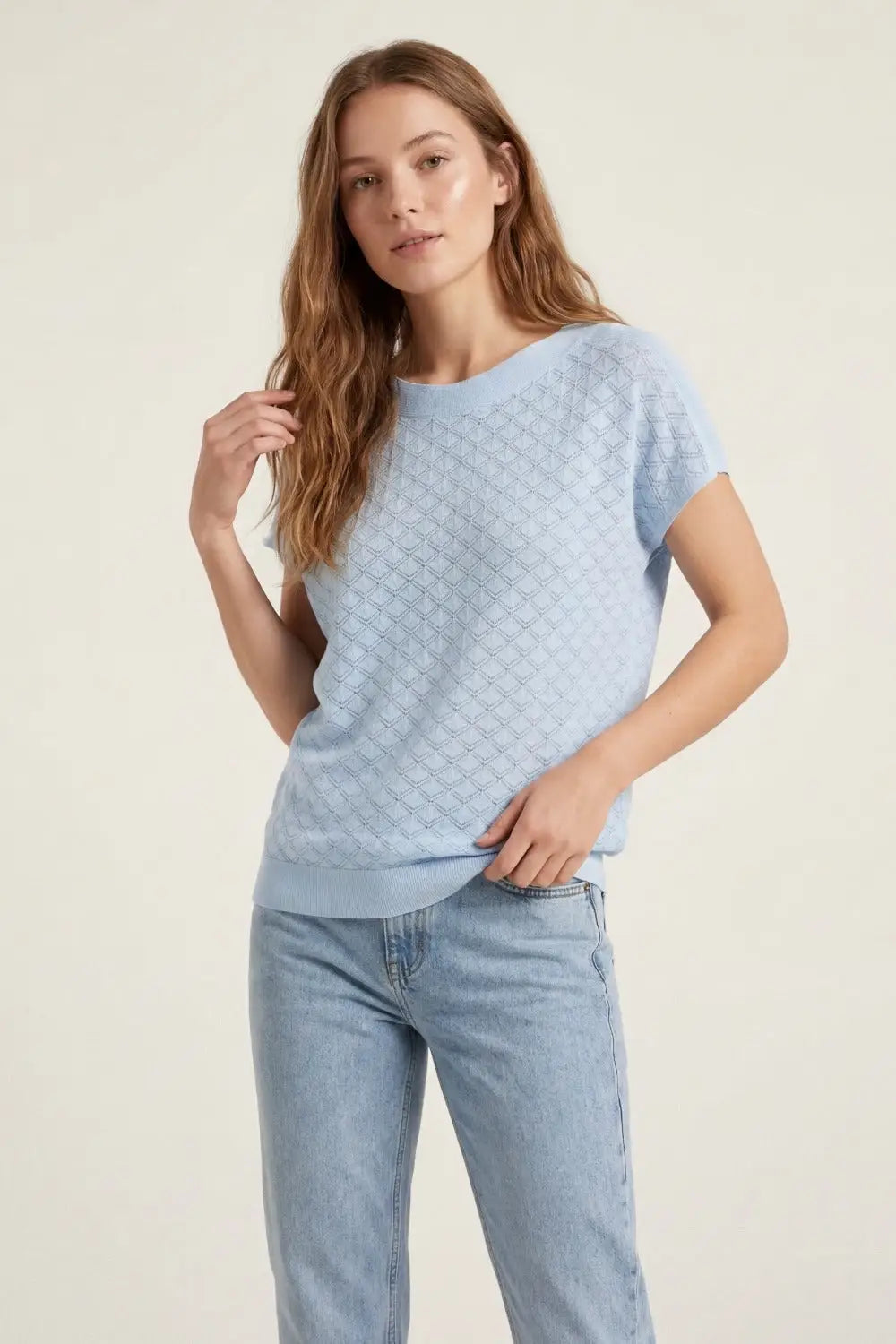 pattern Textured Knit Short Sleeve sweater in light blue - BLUE / ONE - Sweaters