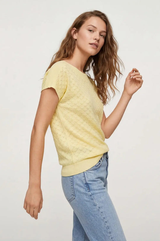 pattern Textured Knit Short Sleeve Sweater in yellow - YELLOW / ONE - Sweaters