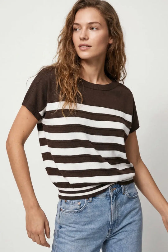 Short-Sleeve Striped Knit sweater in brown - BROWN / ONE - Sweaters
