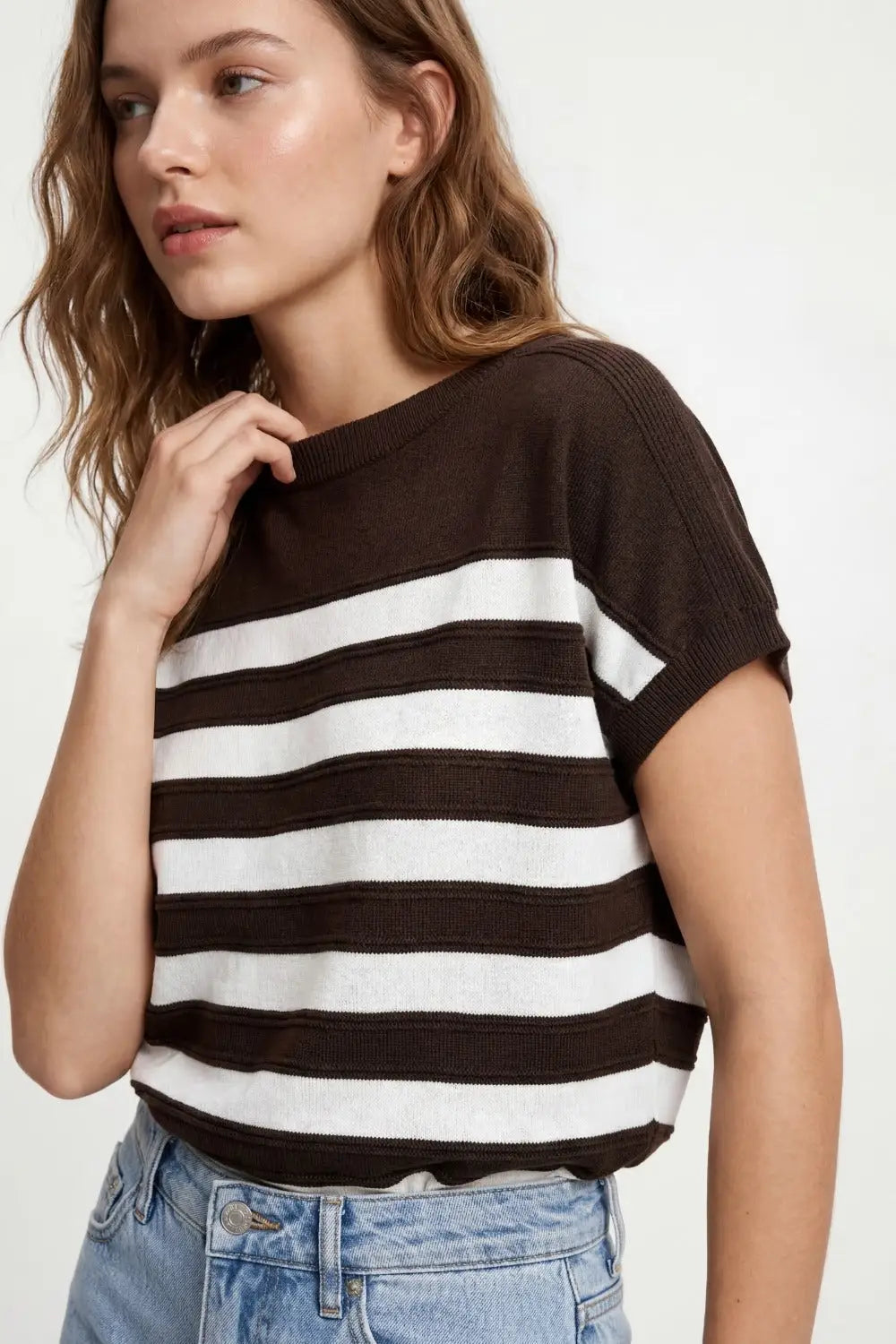 Short-Sleeve Striped Knit sweater in brown - BROWN / ONE - Sweaters