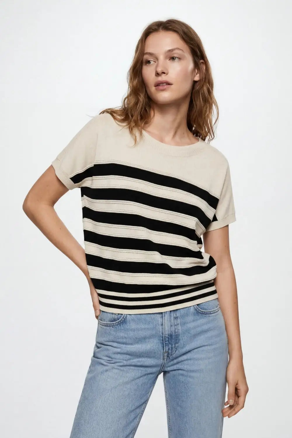 beige and Black Striped Short Sleeve Knit sweater - BEIGE / ONE - Sweaters