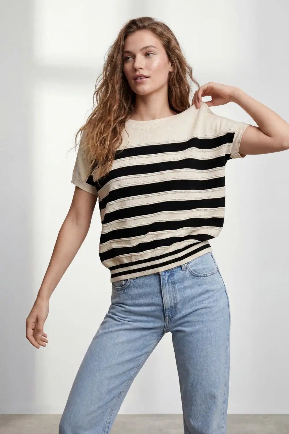 beige and Black Striped Short Sleeve Knit sweater - BEIGE / ONE - Sweaters