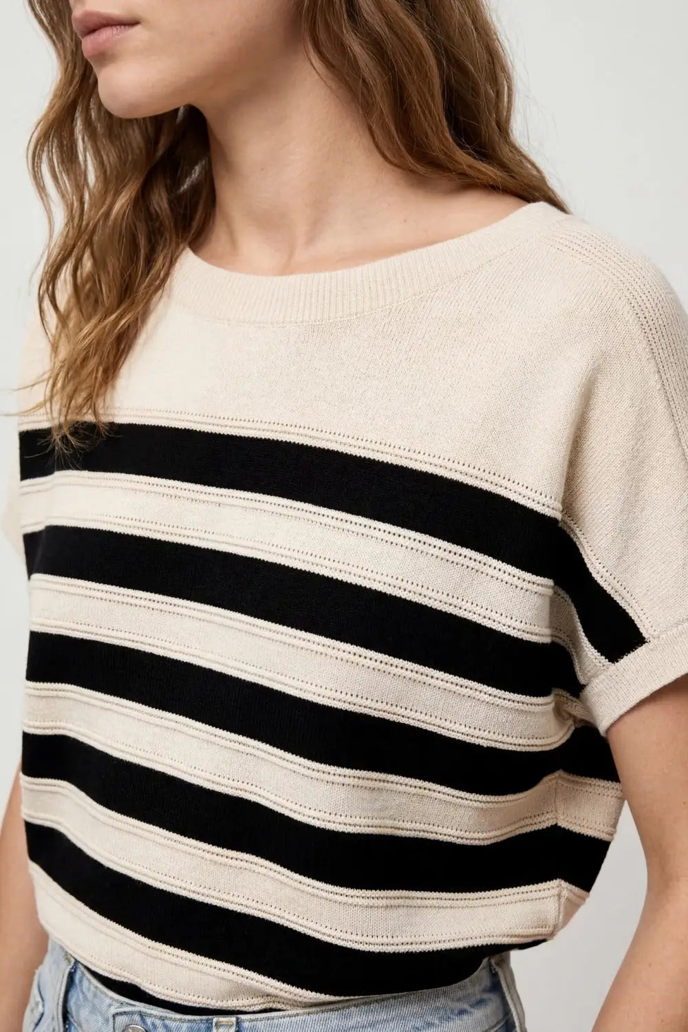 beige and Black Striped Short Sleeve Knit sweater - BEIGE / ONE - Sweaters