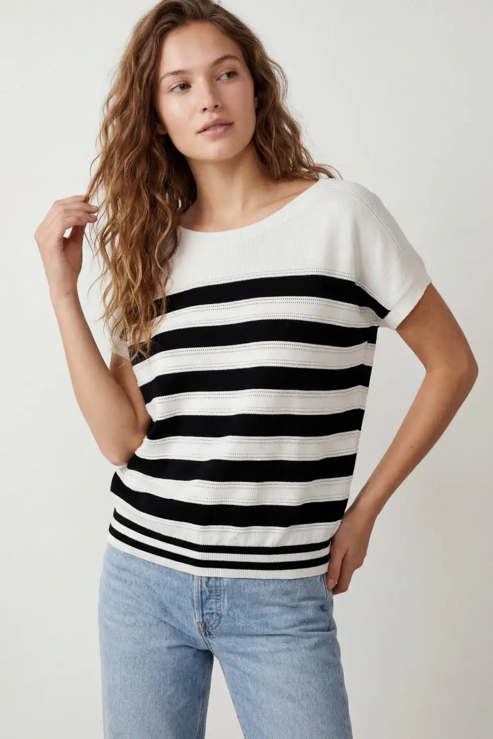 White and Black Striped Knit sweater in boat neckline - WHITE / ONE - Sweaters