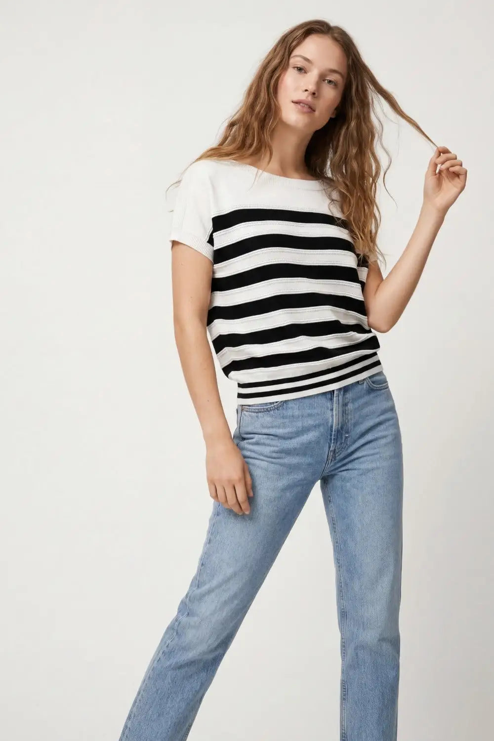 White and Black Striped Knit sweater in boat neckline - WHITE / ONE - Sweaters