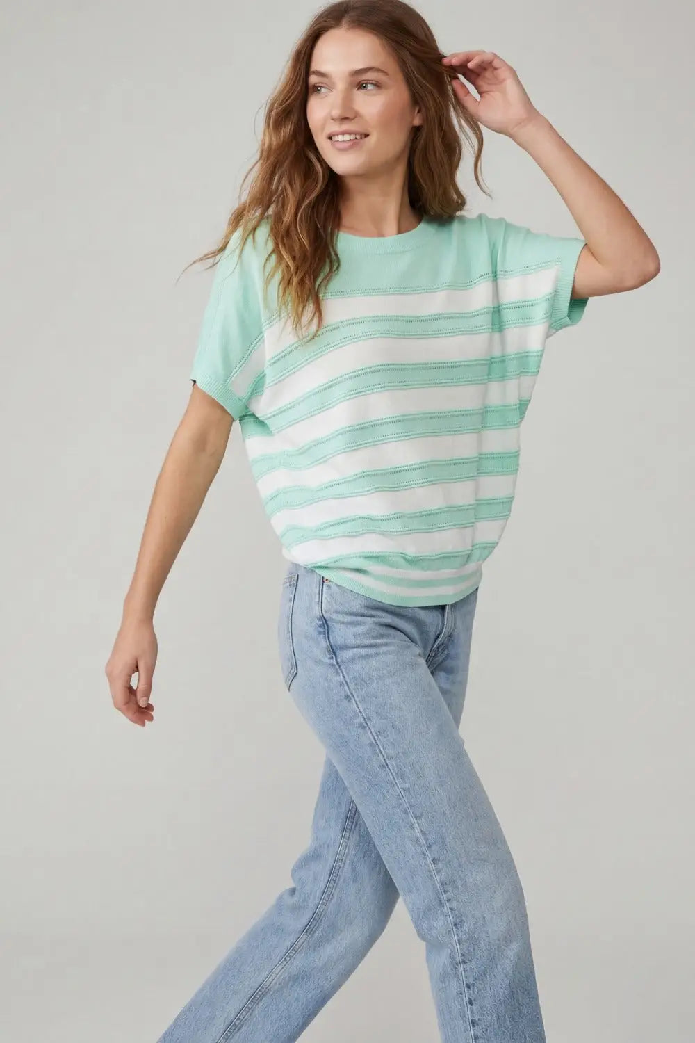 Mint Green Striped Knit Short Sleeve Sweater - GREEN / ONE - Sweaters