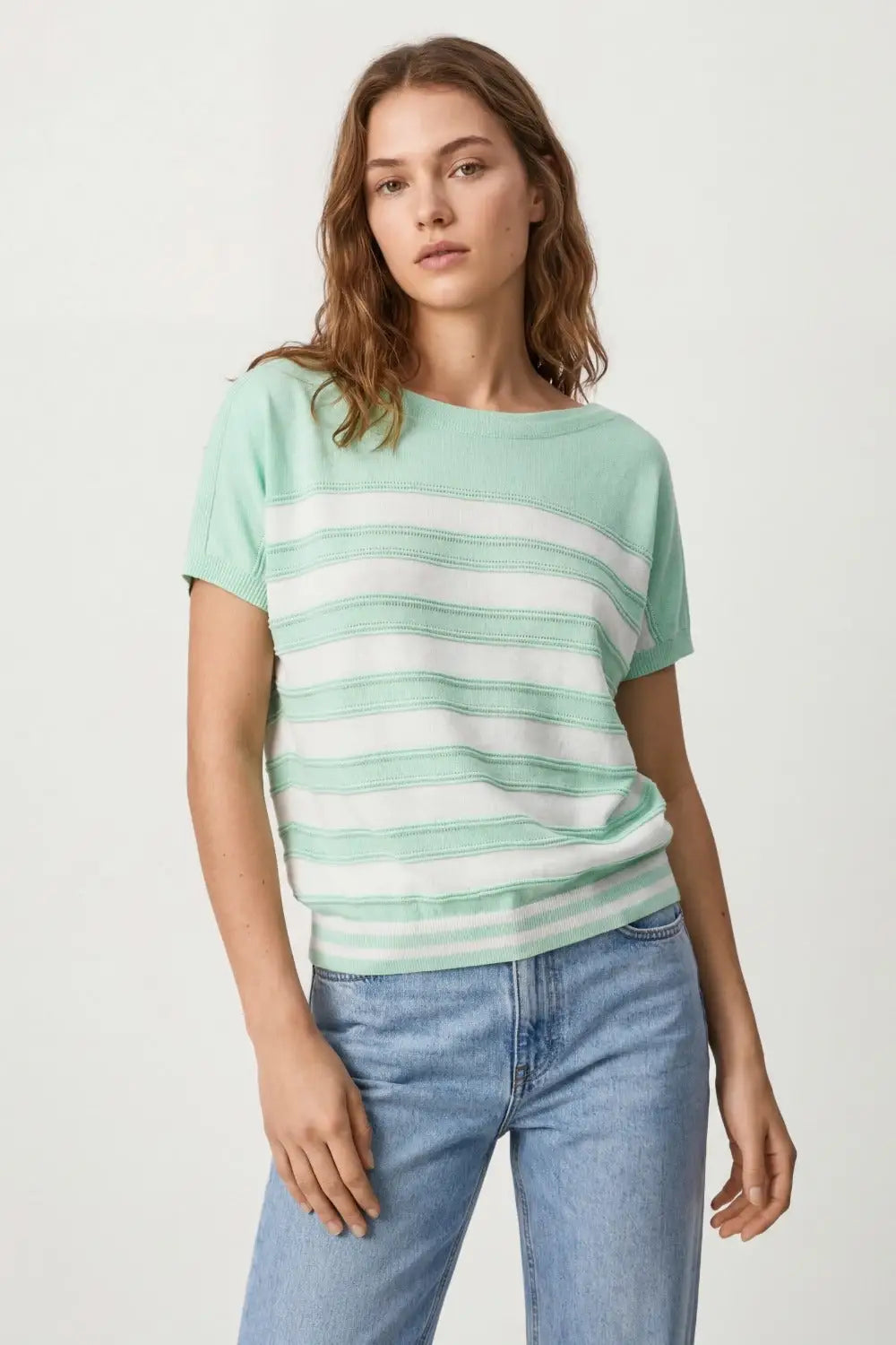 Mint Green Striped Knit Short Sleeve Sweater - GREEN / ONE - Sweaters