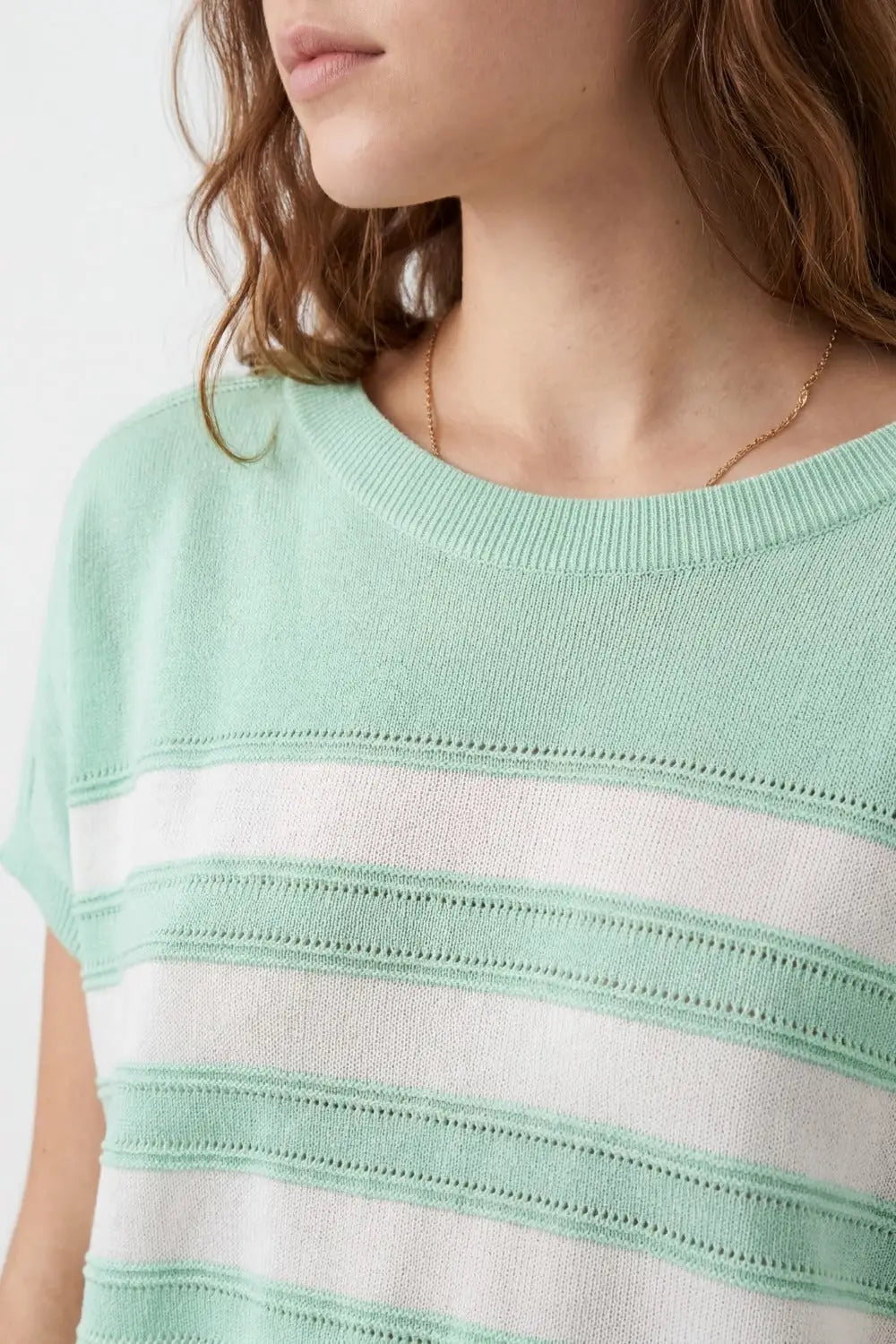 Mint Green Striped Knit Short Sleeve Sweater - GREEN / ONE - Sweaters