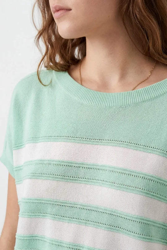 Mint Green Striped Knit Short Sleeve Sweater - GREEN / ONE - Sweaters