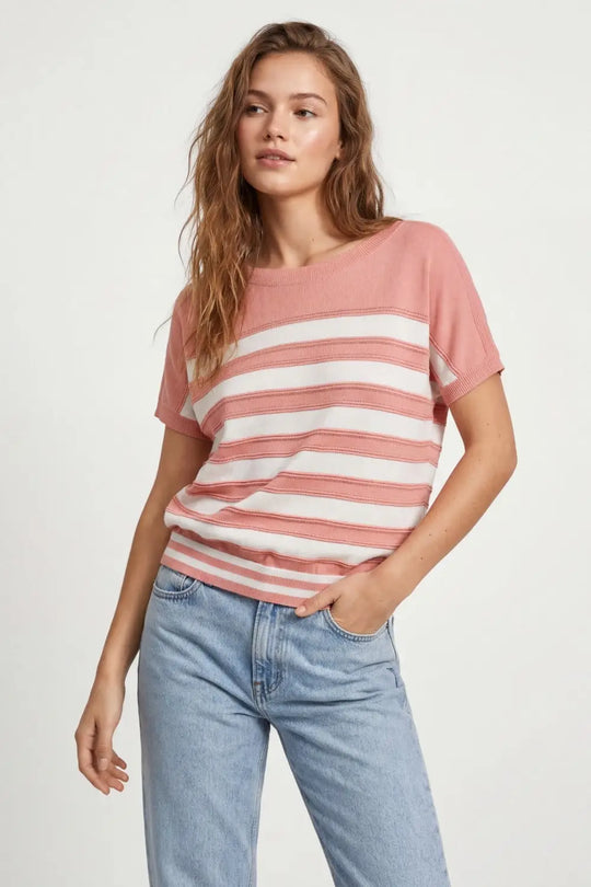 Striped fine Knit Short Sleeve sweater in pink - PINK / ONE - Sweaters