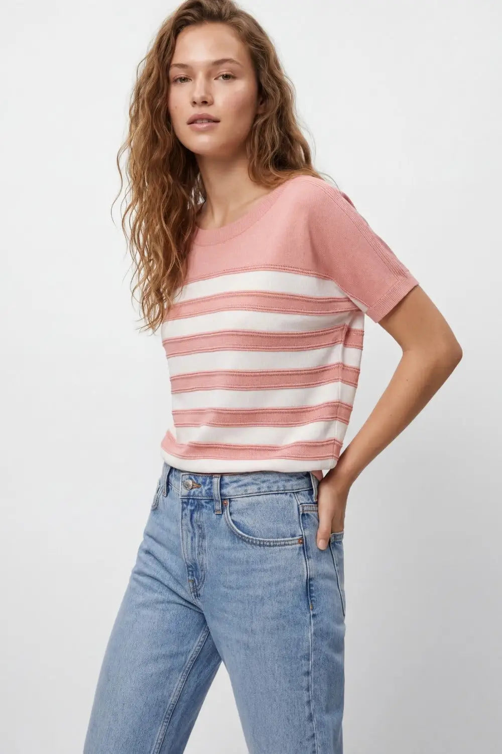 Striped fine Knit Short Sleeve sweater in pink - PINK / ONE - Sweaters