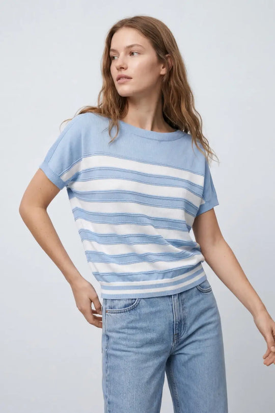 Light Blue Striped Knit Short Sleeve Sweater - BLUE / ONE - Sweaters