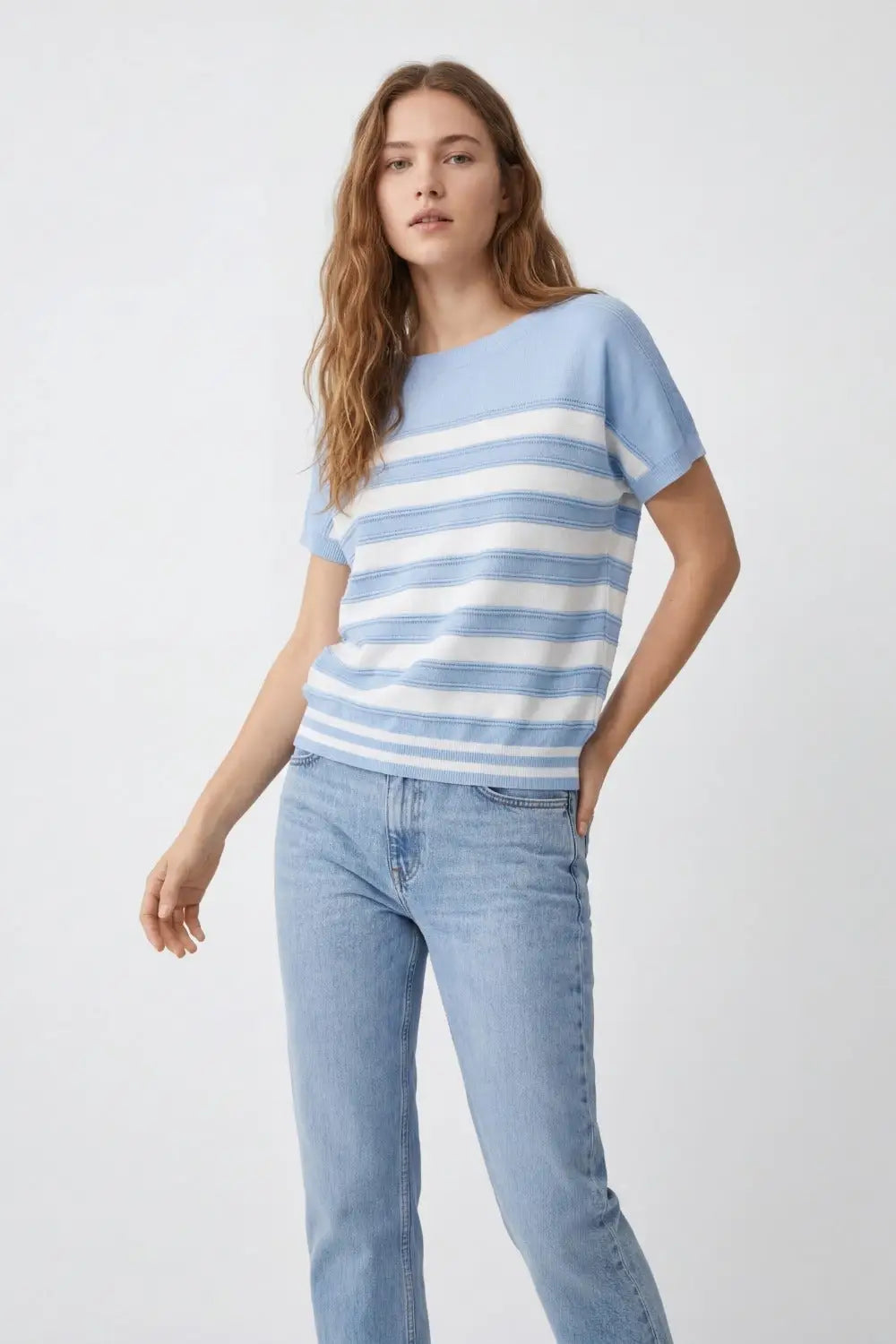 Light Blue Striped Knit Short Sleeve Sweater - BLUE / ONE - Sweaters