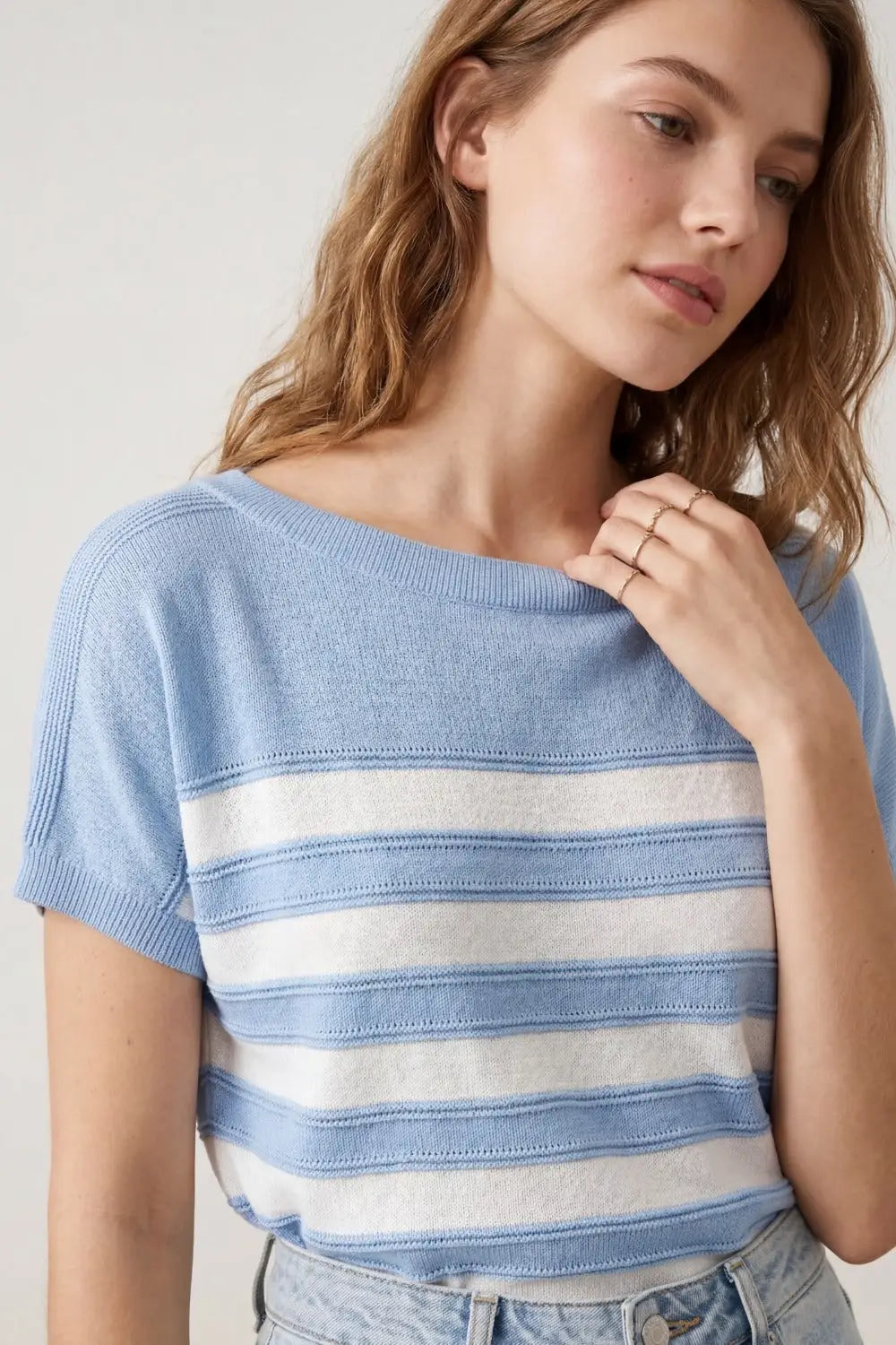 Light Blue Striped Knit Short Sleeve Sweater - BLUE / ONE - Sweaters