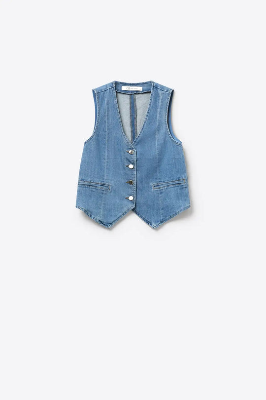 Light Blue Denim Vest with Button Closure - Jackets