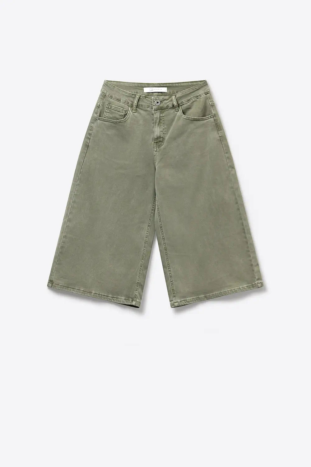 Olive Green Wide-Leg Cropped Denim bermuda Shorts - Pants