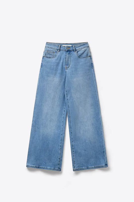 Light Blue Wide-Leg Denim Jeans with back pockets in strass pink