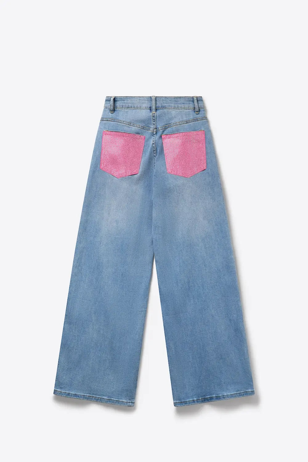 Light Blue Wide-Leg Denim Jeans with back pockets in strass pink
