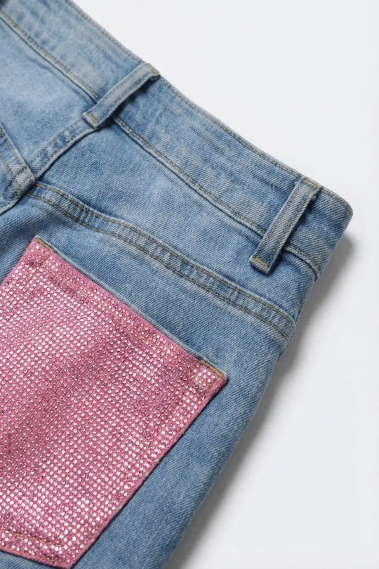 Light Blue Wide-Leg Denim Jeans with back pockets in strass pink