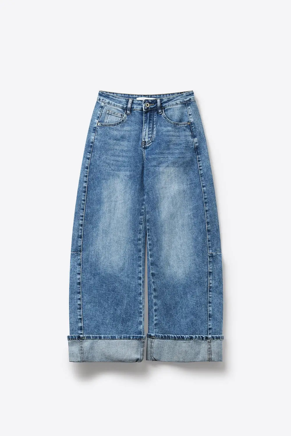 Blue Wide-Leg Light Wash Denim Jeans with Cuffs barrel Style