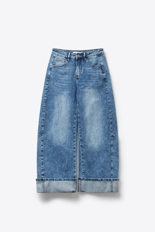 Blue Wide-Leg Light Wash Denim Jeans with Cuffs barrel Style