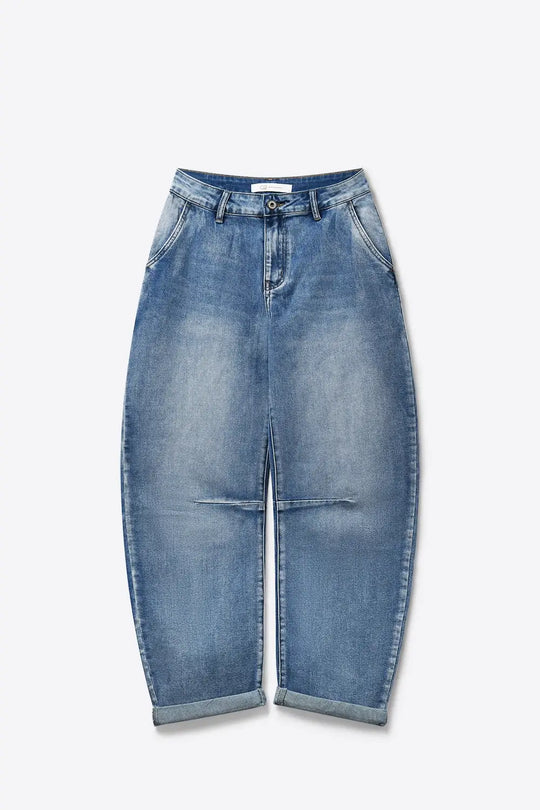 Light Wash Barrel Leg Jeans With Knee Seam Detail