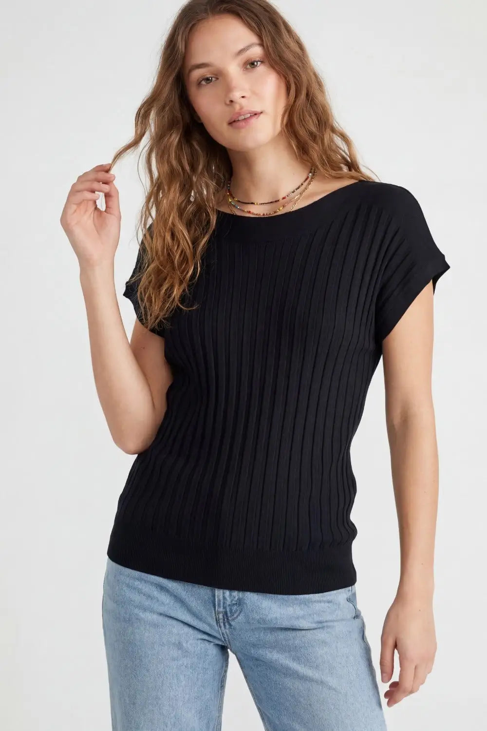 Black fine Rib knitted Sweater with boat neck - BLACK / ONE - Sweaters