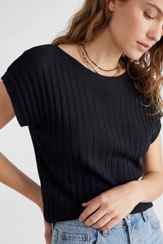 Black fine Rib knitted Sweater with boat neck - BLACK / ONE - Sweaters