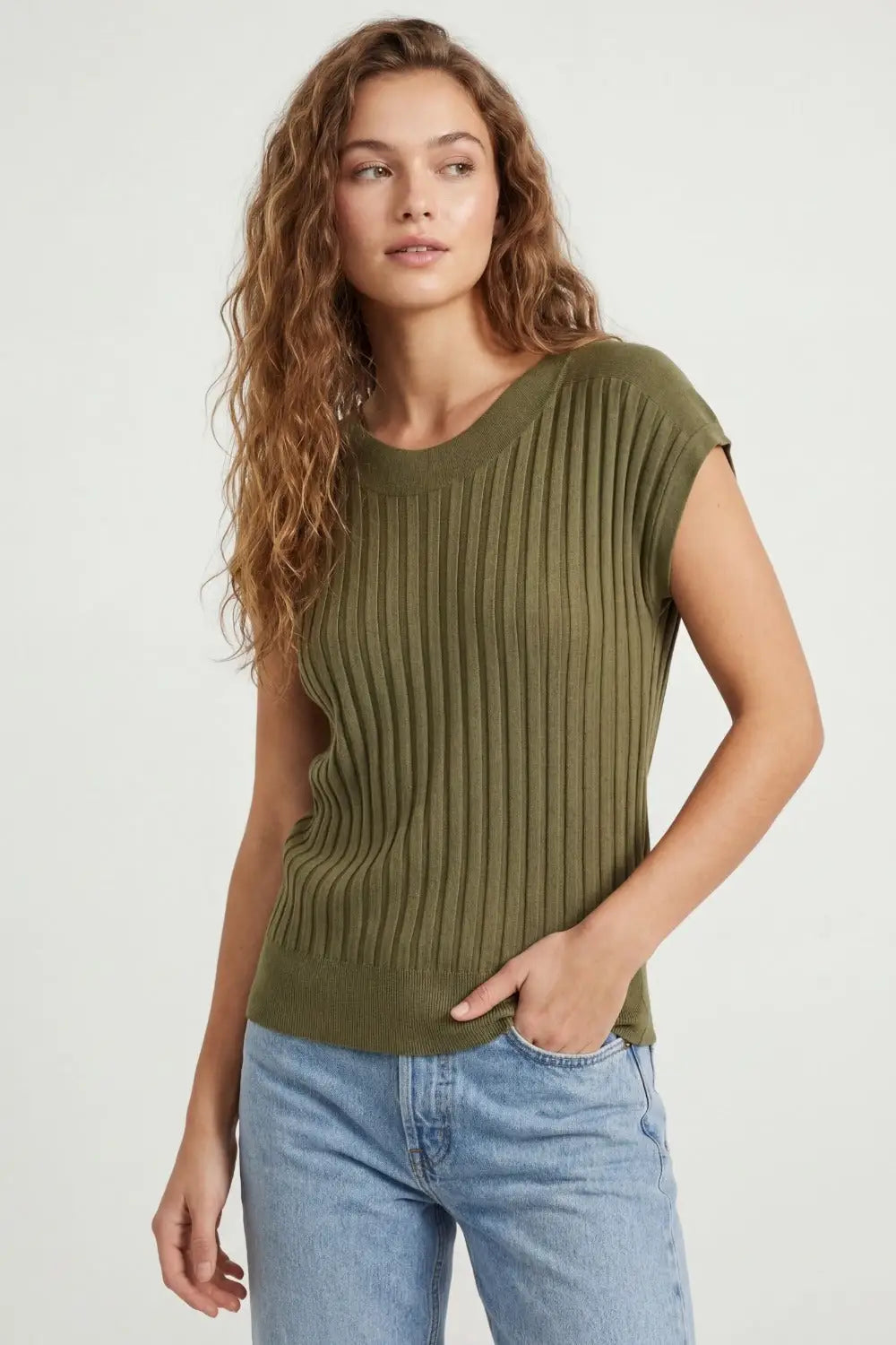 Khaki fine Rib knitted Sweater with boat neck - KHAKI / ONE - Sweaters
