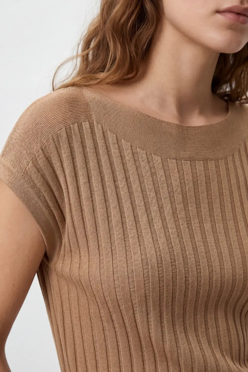 Camel fine Rib knitted Sweater with boat neck - CAMEL / ONE - Sweaters