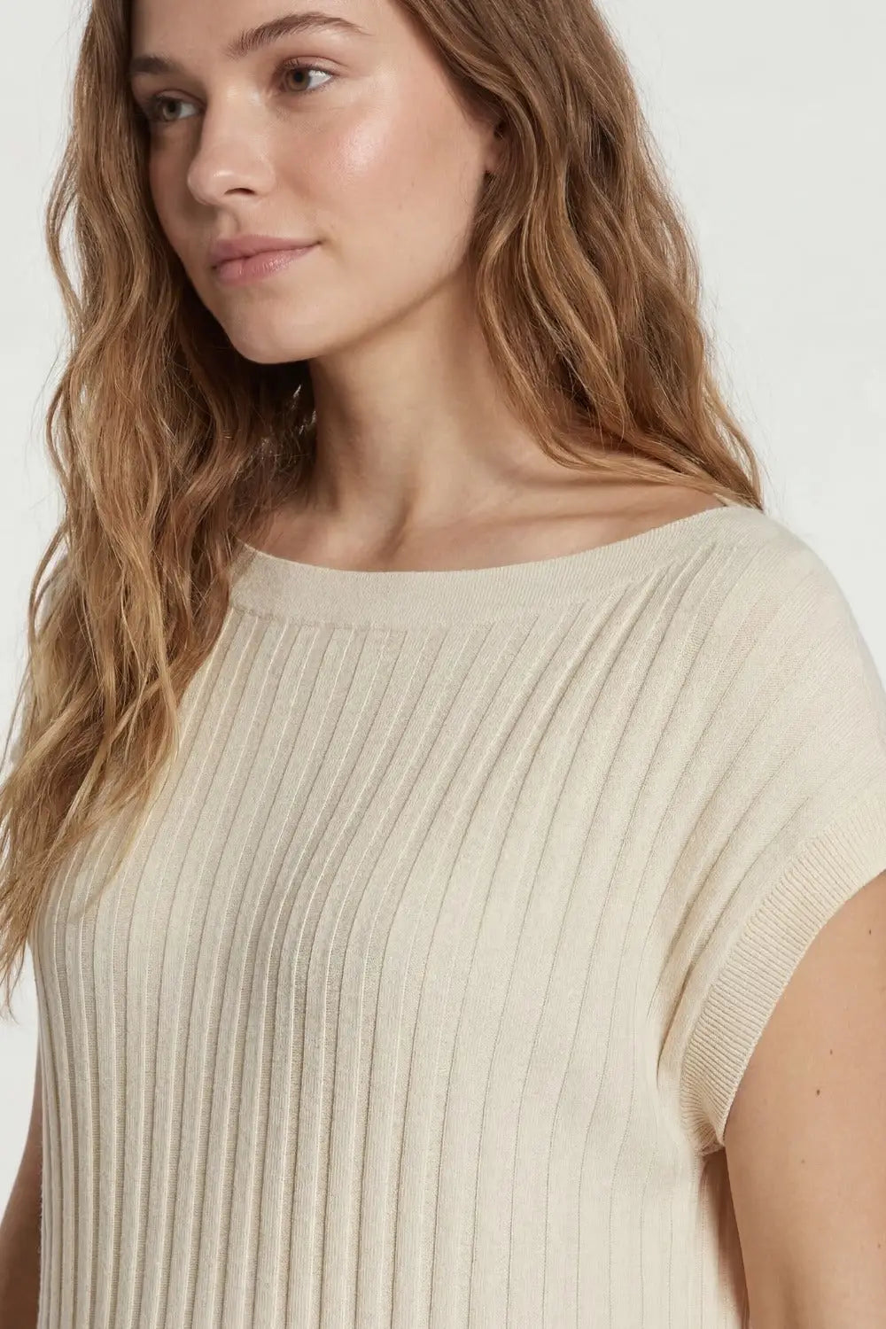 Beige fine Rib knitted Sweater with boat neck - BEIGE / ONE - Sweaters