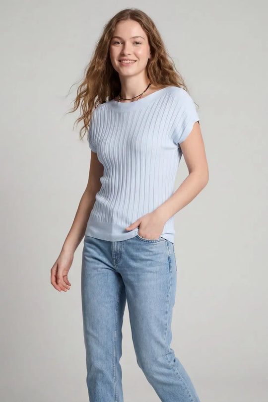 light blue fine Rib knitted Sweater with boat neck - BLUE / ONE - Sweaters