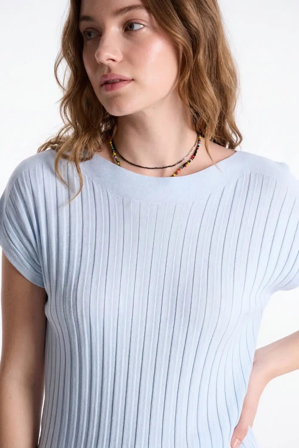 light blue fine Rib knitted Sweater with boat neck - BLUE / ONE - Sweaters