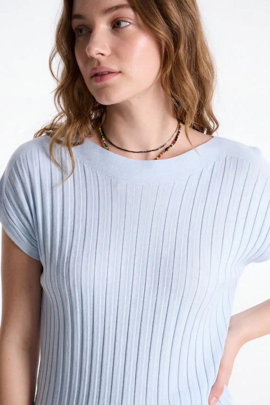light blue fine Rib knitted Sweater with boat neck - BLUE / ONE - Sweaters