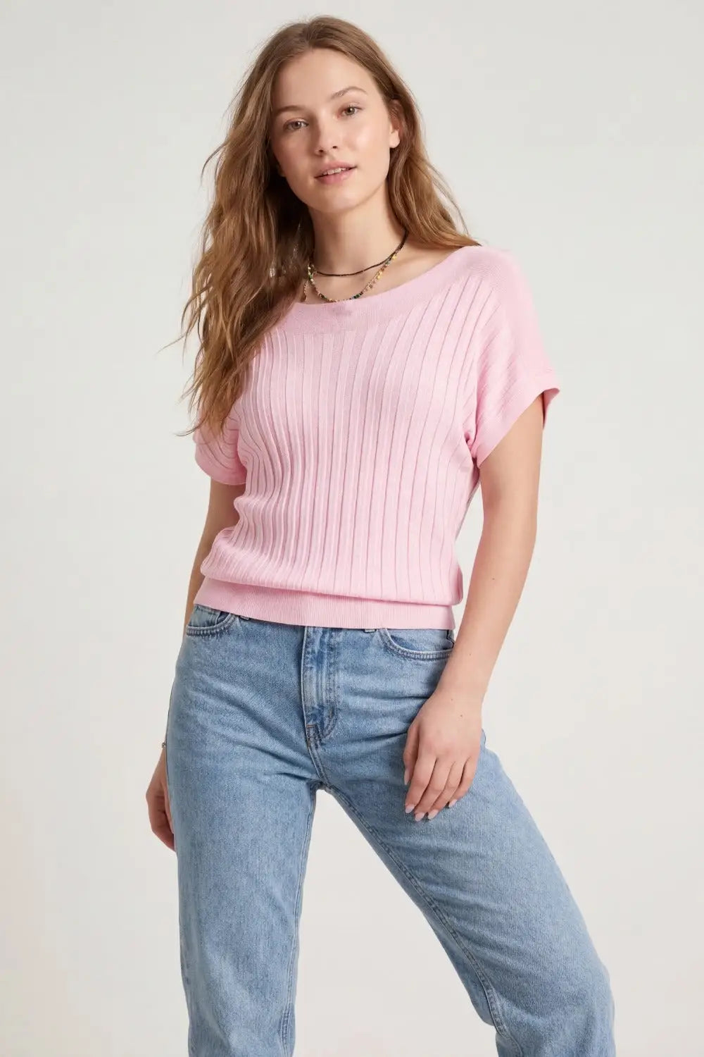 Pink fine Rib knitted Sweater with boat neck - PINK / ONE - Sweaters