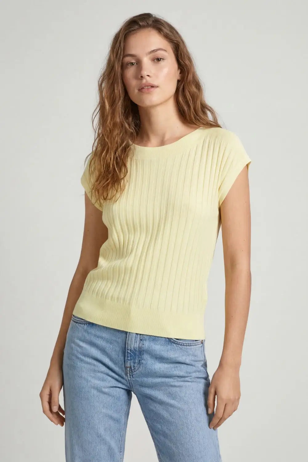 fine Rib knitted Sweater with boat neck in yellow color - YELLOW / ONE - Sweaters