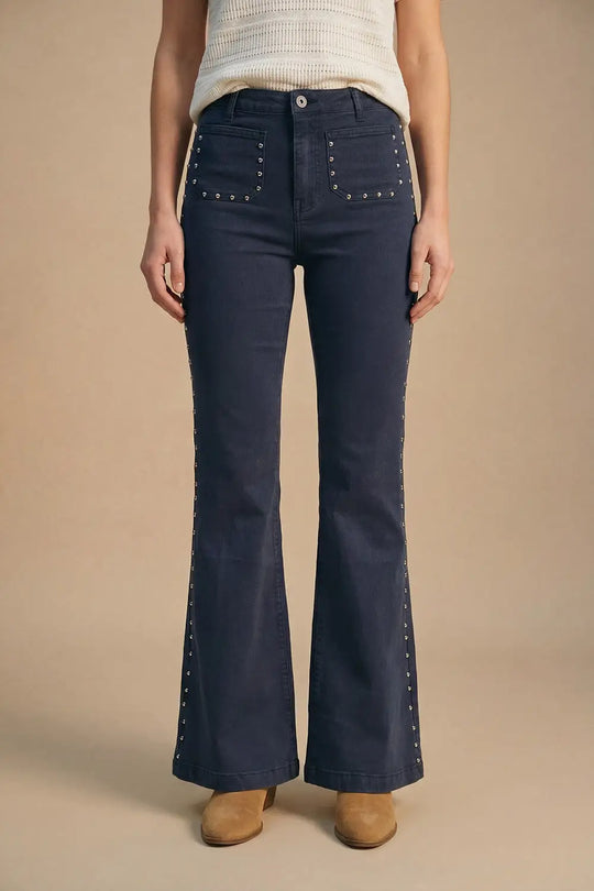 Navy High-Rise Flared Jeans with Stud Detail - Colored Jeans
