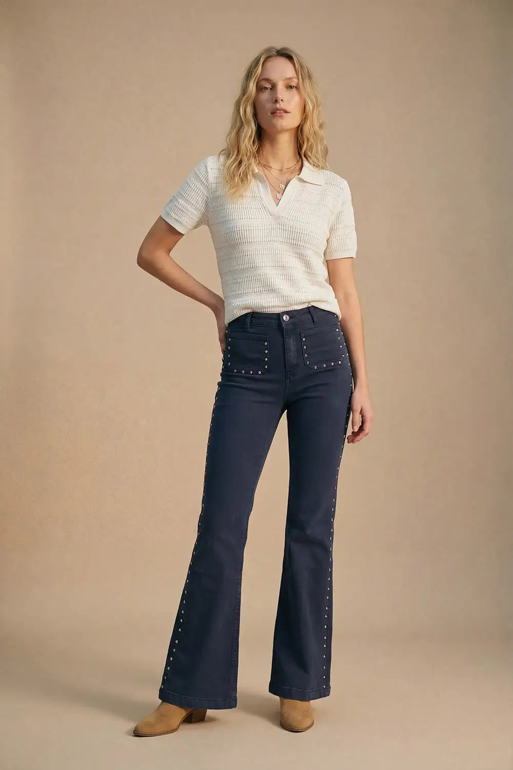 Navy High-Rise Flared Jeans with Stud Detail - Colored Jeans