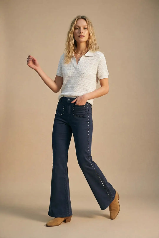 Navy High-Rise Flared Jeans with Stud Detail - Colored Jeans