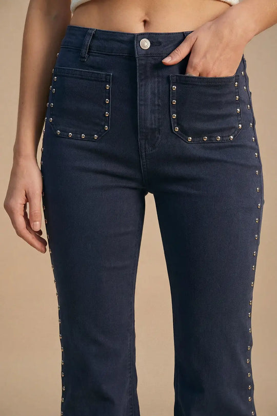 Navy High-Rise Flared Jeans with Stud Detail - Colored Jeans
