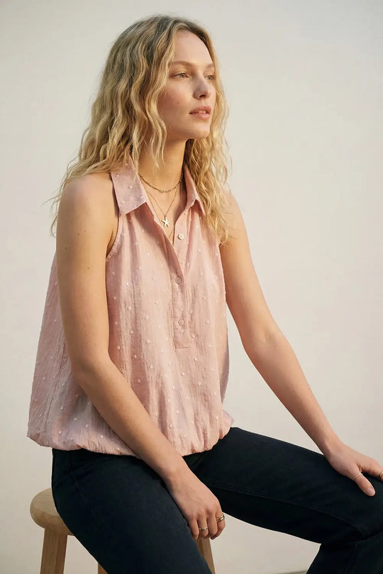 Pink Swiss Dot Sheer Sleeveless Blouse with Collar - Tops