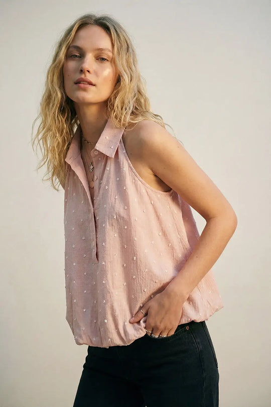 Pink Swiss Dot Sheer Sleeveless Blouse with Collar - Tops